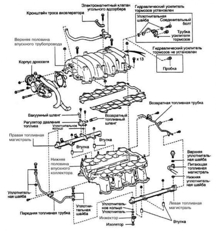 На двигатели 2UZ-FE устанавливается впускной трубопровод, состоящий из двух...
