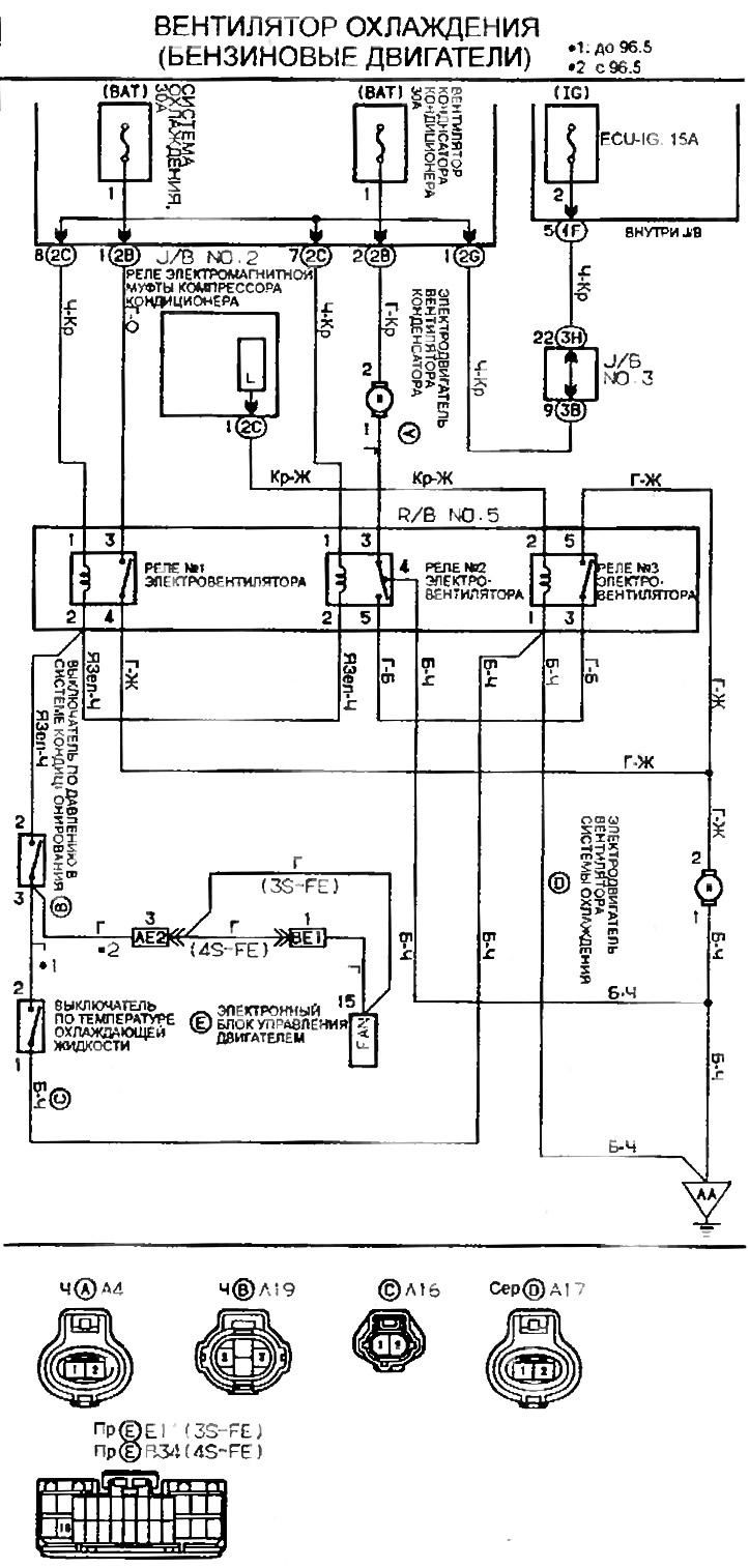 Электросхема вентилятора охлаждения (бензиновые двигатели) (Тойота .