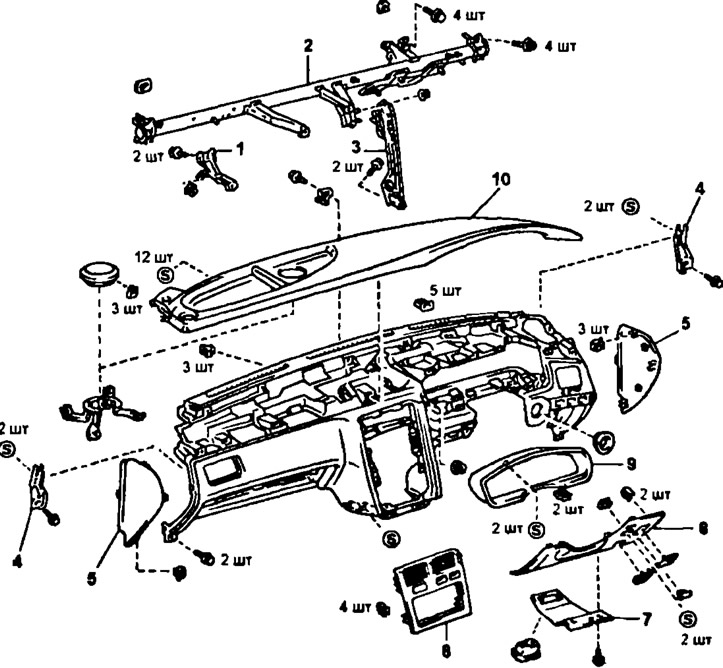 Как снять торпеду тойота калдина Instrument panel - removal and installation (Toyota Corona T190, 1992-1997) - "B