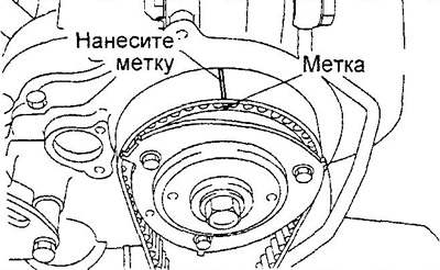 б) Если ремень планируется использовать повторно, нанесите на него метки при нахождении поршня…