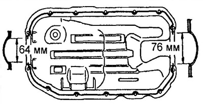 б) Нанесите валик герметика диаметром 3-4 мм на масляный поддон, как показано на рисунке.