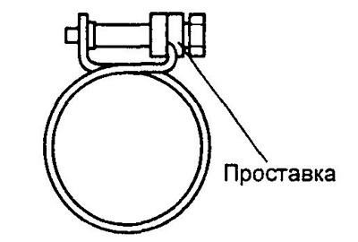 Примечание: подсоедините шлаг и затяните хомут с проставкой, как показано на рисунке.