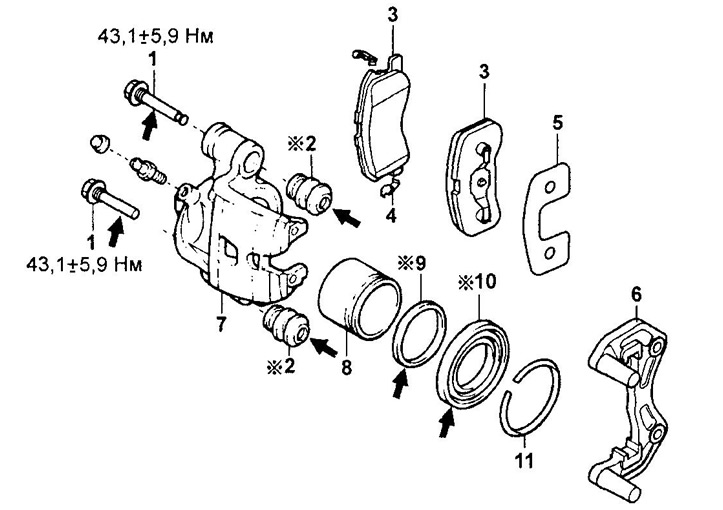 Разборка передних тормозов (кроме моделей с диском 14 дюймов с 2001 г.).