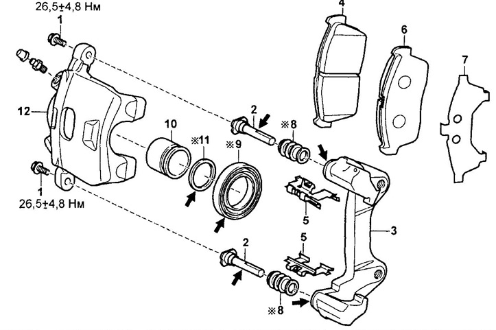 Разборка передних тормозов (модели с диском 14 дюймов с 2001 г.).