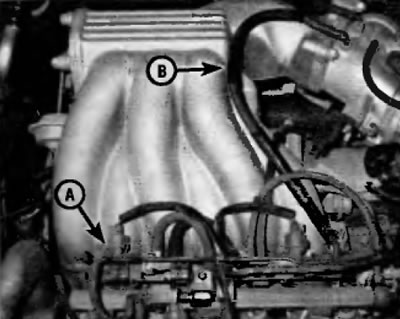 Рис. 19.13, а. На моделях V6 клапан продувки (А) для системы улавливания паров топлива (EVAP)…