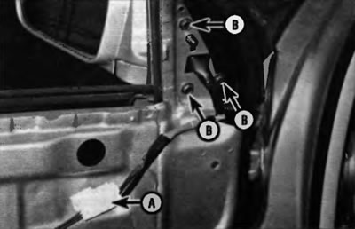 Рис. 20.2. Рассоедините электрический разъем (А), а затем выверните болты крепления зеркала (В)