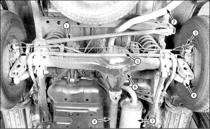 1. Поперечная штанга; 2. Выхлопная труба; 3. Суппорт; 4. Амортизатор; 5. Пробка…