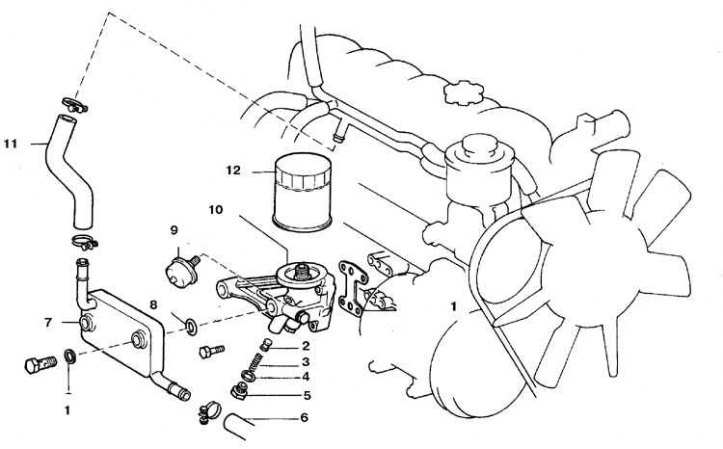 1, 4. Прокладка; 2. Редукционный клапан; 3. Пружина; 5. Заглушка; 6, 11. Шланг охлаждающей…