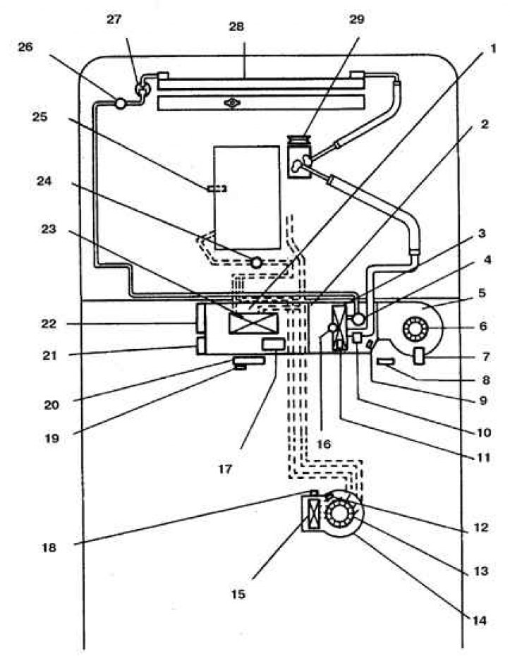 1. Отопитель; 2. Блок охлаждения; 3. Испаритель; 4. Расширительный клапан; 5. Вентилятор; 6, 13.…