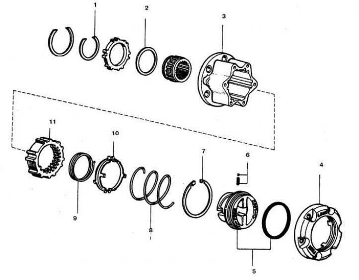 1, 7. Стопорное кольцо; 2. Прокладка; 3. Корпус; 4. Фланец колпака ступицы; 5. Рукоятка и…