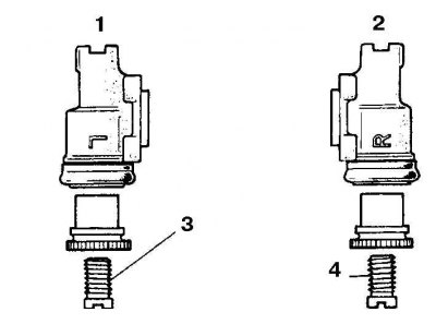 1. Левое колесо; 2. Правое колесо; 3. Левая резьба; 4. Правая резьба