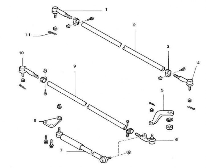 1, 4, 6, 10. Наконечник ведущей тяги; 2. Тяга; 3. Хомут; 5. Сошка; 7. Гаситель колебаний; 8.…