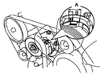 2. Проверьте совмещение меток шкива натяжителя, чтобы убедиться в том, что ремень не проскальзывает…