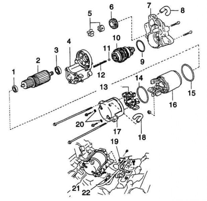 1 - Задний подшипник; 2 - Якорь; 3 - Передний подшипник; 4 - Сборка электромагнитного пускателя; 5…