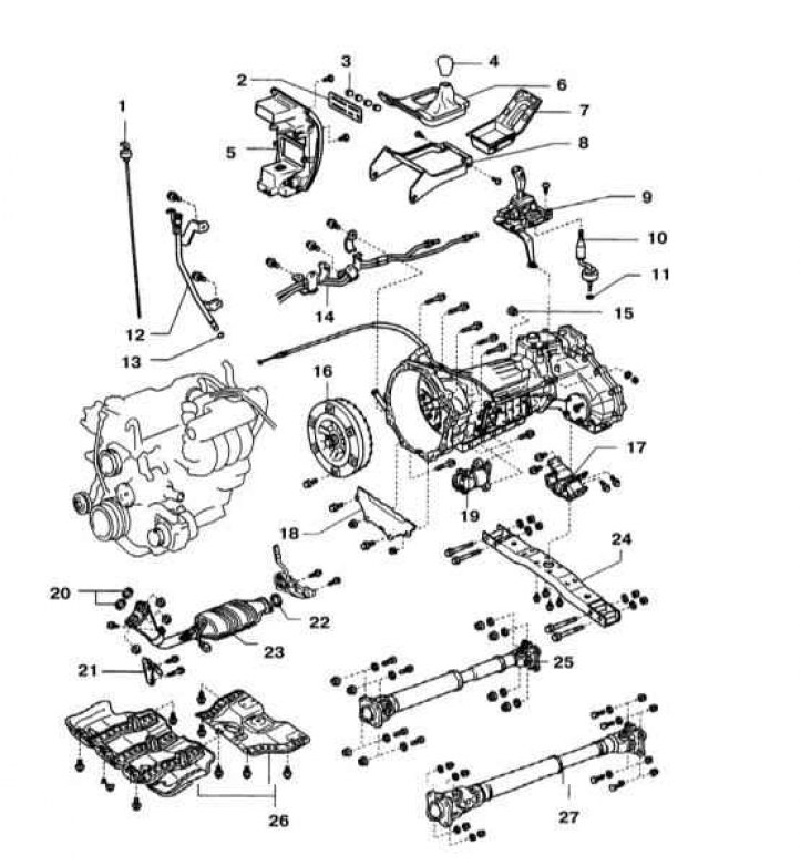 1 - Щуп измерения уровня ATF; 2 - Панель управления отопителем; 3 - Рукоятки управления отопителем;…