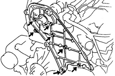 3. Выверните 7 болтов и снимите заднюю крышку ремня ГРМ.