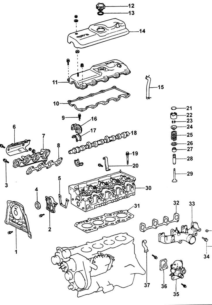 Головка блока (двигатели 2L; 3L): 1 - задняя крышка ремня ГРМ; 2 - держатель сальника…
