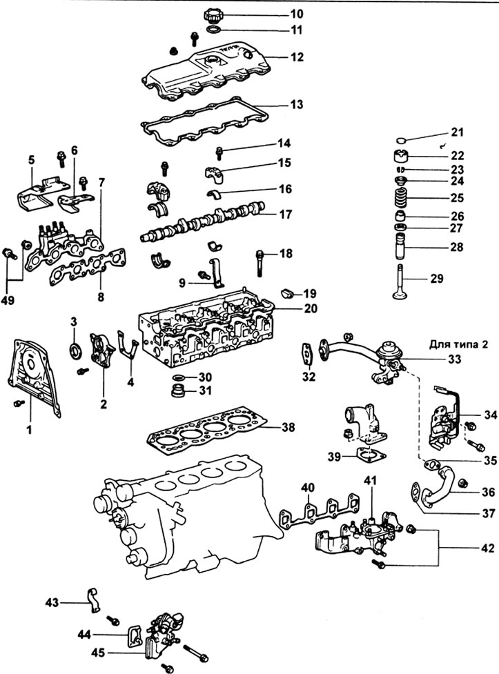 Головка блока (двигатель 2L-T): 1 − задняя крышка ремня ГРМ; 2 - держатель сальника…