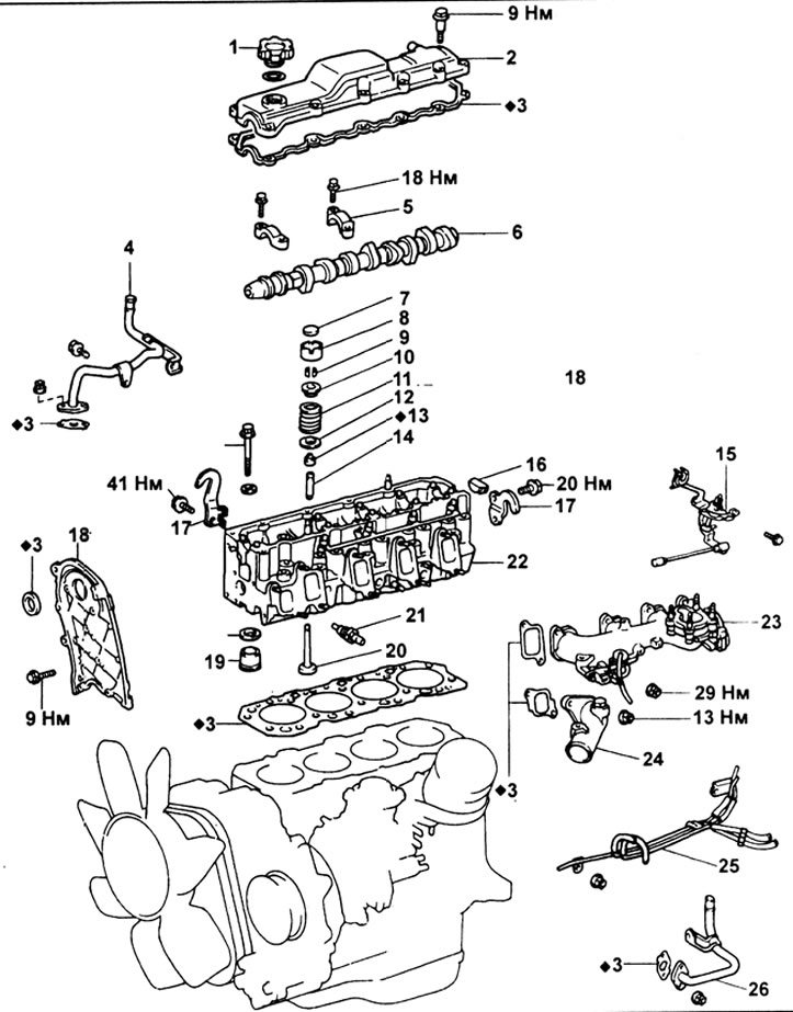 Головка блока (двигатель 1KZ-T): 1 - крышка маслозаливной горловины; 2 - клапанная крышка; 3 -…