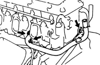 10. Отверните болт и две гайки крепления впускной трубы отопителя, снимите трубу и прокладку.
