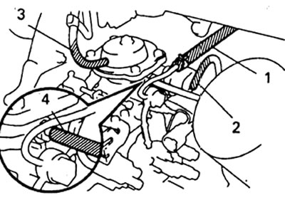 ж) Подсоедините: топливные шланги (1), вакуумный шланг привода управления мощностью (2), шланг…