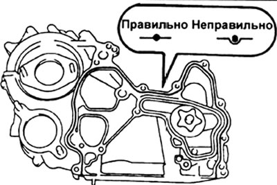 б) Нанесите герметик на крышку ремня ГРМ, как показано на рисунке