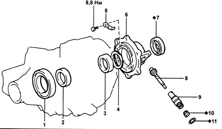 Держатели подшипников заднего выходного вала. 1 - держатель переднего подшипника, 2 - наружная…