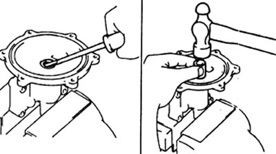 б) С помощью оправки и молотка запрессуйте новый сальник.