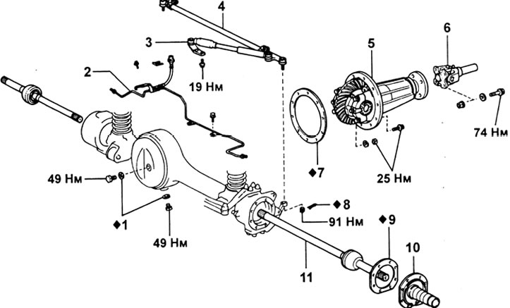 Редуктор в сборе. 1 - прокладка; 2 - трубки тормозной системы; 3 - демпфер рулевого привода; 4 -…