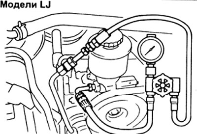 б) Подсоедините вход адаптера контрольного манометра к насосу рулевого управления, а выход (после…