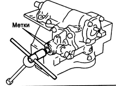 б) Нанесите метки на хвостовик винта и корпус для указания центрального положения.