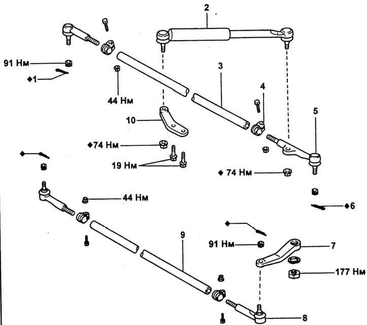 Рулевой привод. 1 - шплинт; 2 - демпфер; 3 - поперечная тяга; 4 - хомут; 5 - наконечник поперечной…
