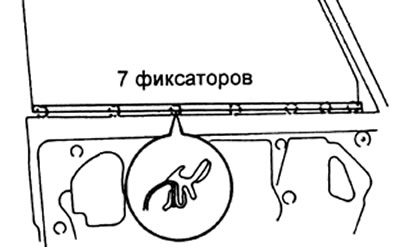 8. Удалите фиксаторы края панели, снимите нижний внутренний уплотнитель стекла двери.