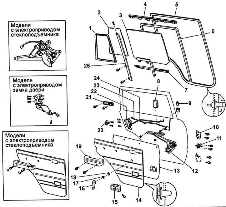 Задняя дверь. 1 - уплотнитель неподвижного стекла, 2 - неподвижное стекло двери, 3 - подвижное…