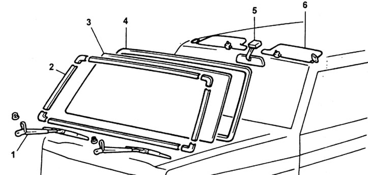 Ветровое стекло. 1 - стеклоочиститель, 2 - окантовка стекла в сборе (если установлена), 3 -…