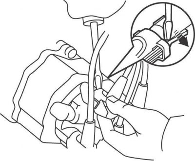 Рис. 2.33. Использование лезвия отвертки для снятия защитного чехла с высоковольтным проводом с…