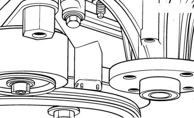 Рис. 3.52. Совмещение метки на гасителе колебаний со знаком ВМТ или 0 на передней крышке цепи