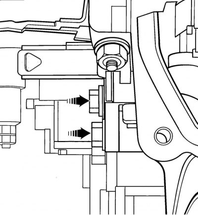 Рис. 3.57. Расположение гаек крепления натяжителя цепи