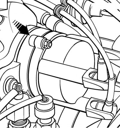 Рис. 6.5. Расположение метки совмещения на распределителе зажигания и крышке головки блока цилиндров