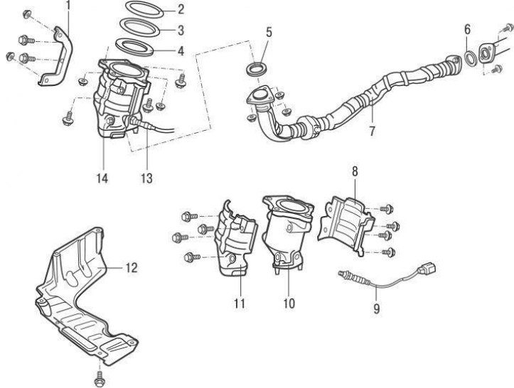 Рис. 7.31. Каталитический нейтрализатор на моделях до 2001 года : 1 – правая опора выпускного…