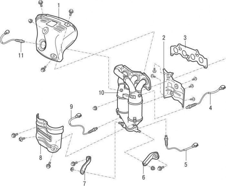 Рис. 7.32. Каталитический нейтрализатор на моделях с 2001 года : 1 – верхняя теплоизоляция; 2 –…