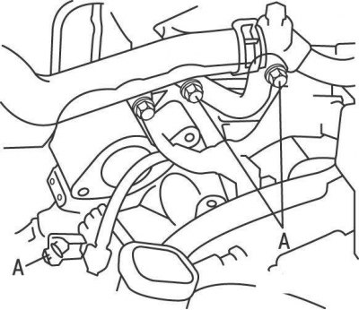 Рис. 9.4. Расположение верхних болтов (А) крепления коробки передач к двигателю на моделях до 2001…