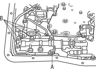 Рис. 9.13. Расположение болтов крепления механического клапана на полноприводных моделях: А — болт,…