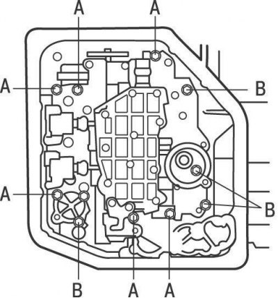 Рис. 9.15. Расположение болтов крепления корпуса клапанов на моделях 2WD с 1996 по 1998 год: А —…