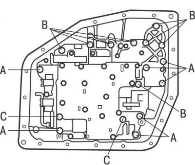 Рис. 9.16. Расположение болтов крепления корпуса клапанов на моделях 2WD с 1998 по 2001 год: А —…