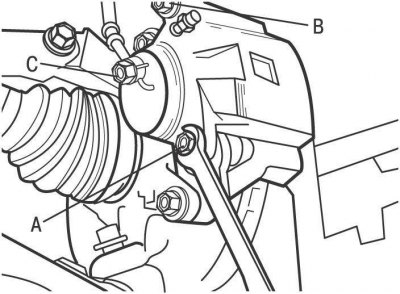 Рис. 11.14. Выворачивание нижнего болта крепления суппорта переднего тормоза: А – нижний болт; В –…