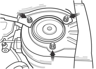 Рис. 12.2. Расположение гаек крепления верхней части стойки передней подвески к кузову автомобиля