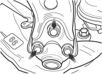 Рис. 12.11. Расположение болта и гаек крепления шарового шарнира к нижнему рычагу передней подвески