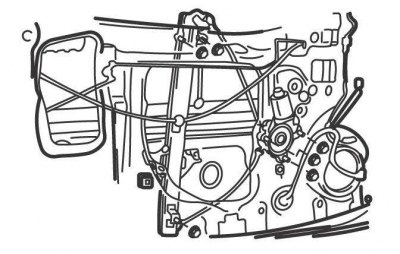 Рис. 14.37. Расположение болтов крепления стеклоподъемника передней двери на моделях до 2001 года