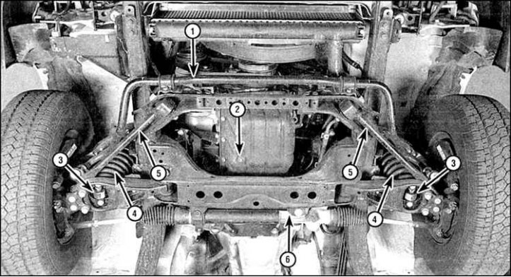 1. Стабилизатор поперечной устойчивости; 2. Сливная пробка масляного поддона; 3. Амортизатор; 4.…
